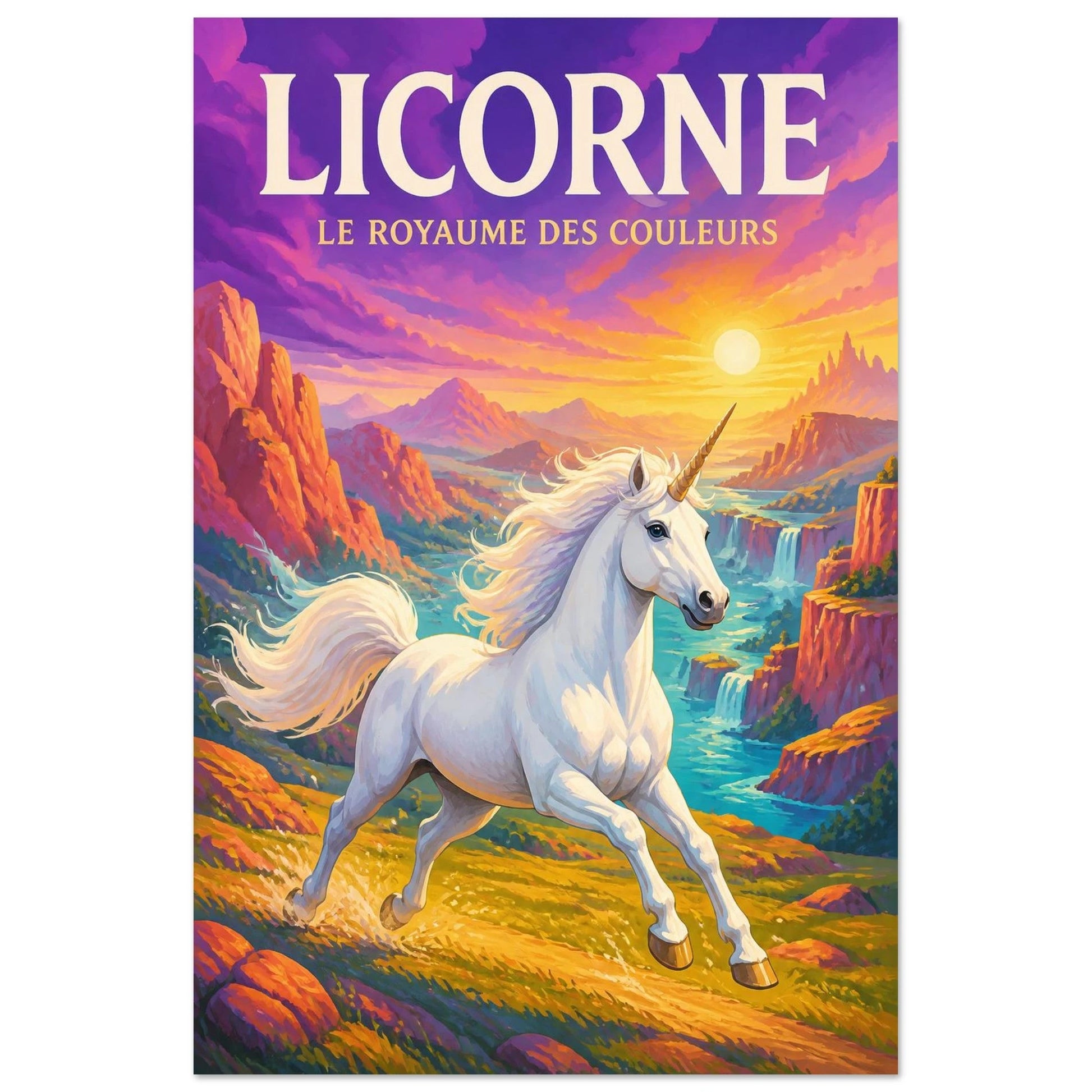 Affiche Licorne – Le Royaume des Couleurs, gouache contemporaine verticale, format 30 × 45 cm