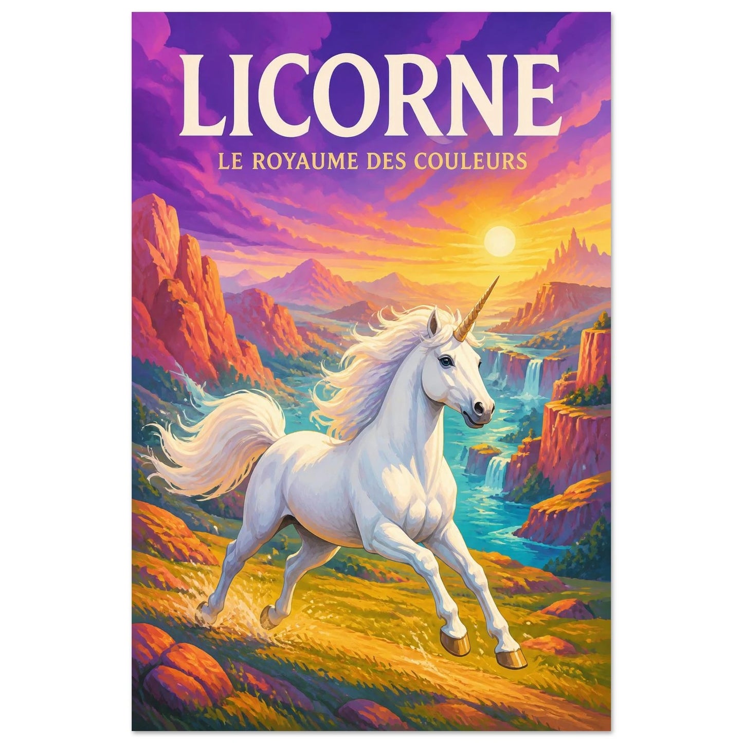 Affiche Licorne – Le Royaume des Couleurs, gouache contemporaine verticale, format 60 × 90 cm