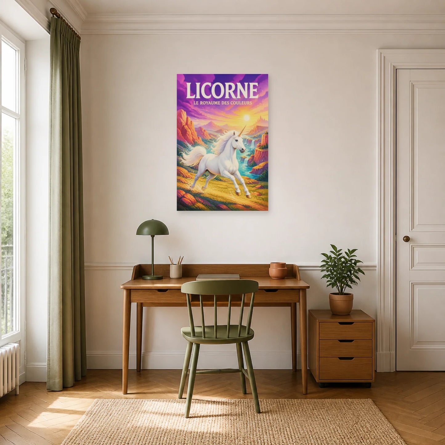 Affiche Licorne – Le Royaume des Couleurs dans un bureau - Art Virtuoso