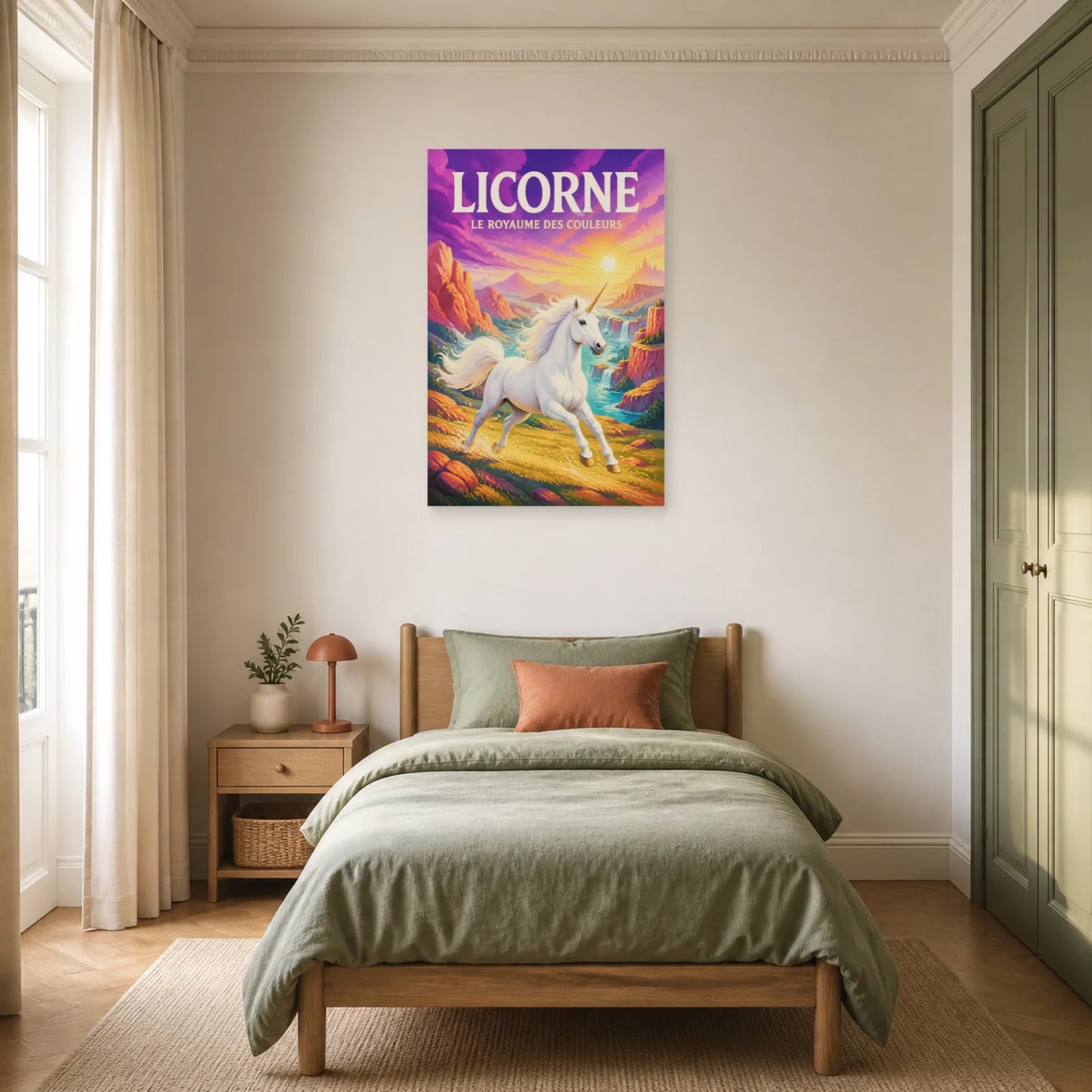 Affiche Licorne – Le Royaume des Couleurs dans une chambre - Art Virtuoso