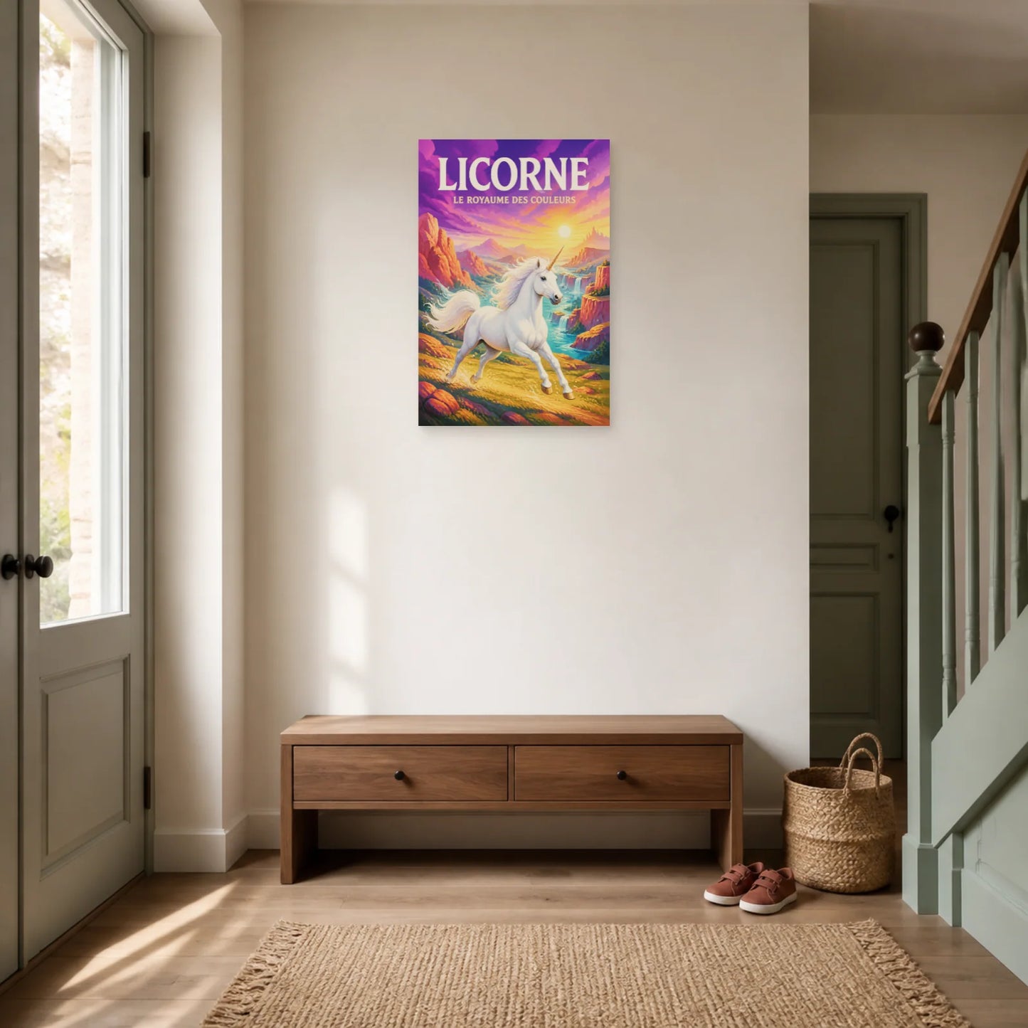 Affiche Licorne – Le Royaume des Couleurs dans une entrée ou un couloir - Art Virtuoso
