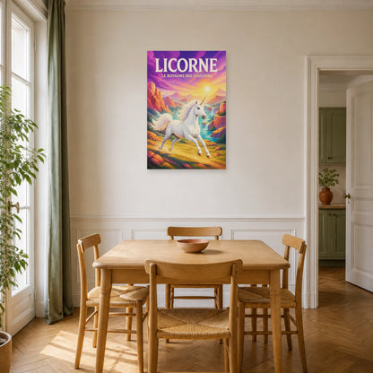 Affiche Licorne – Le Royaume des Couleurs dans une salle à manger - Art Virtuoso