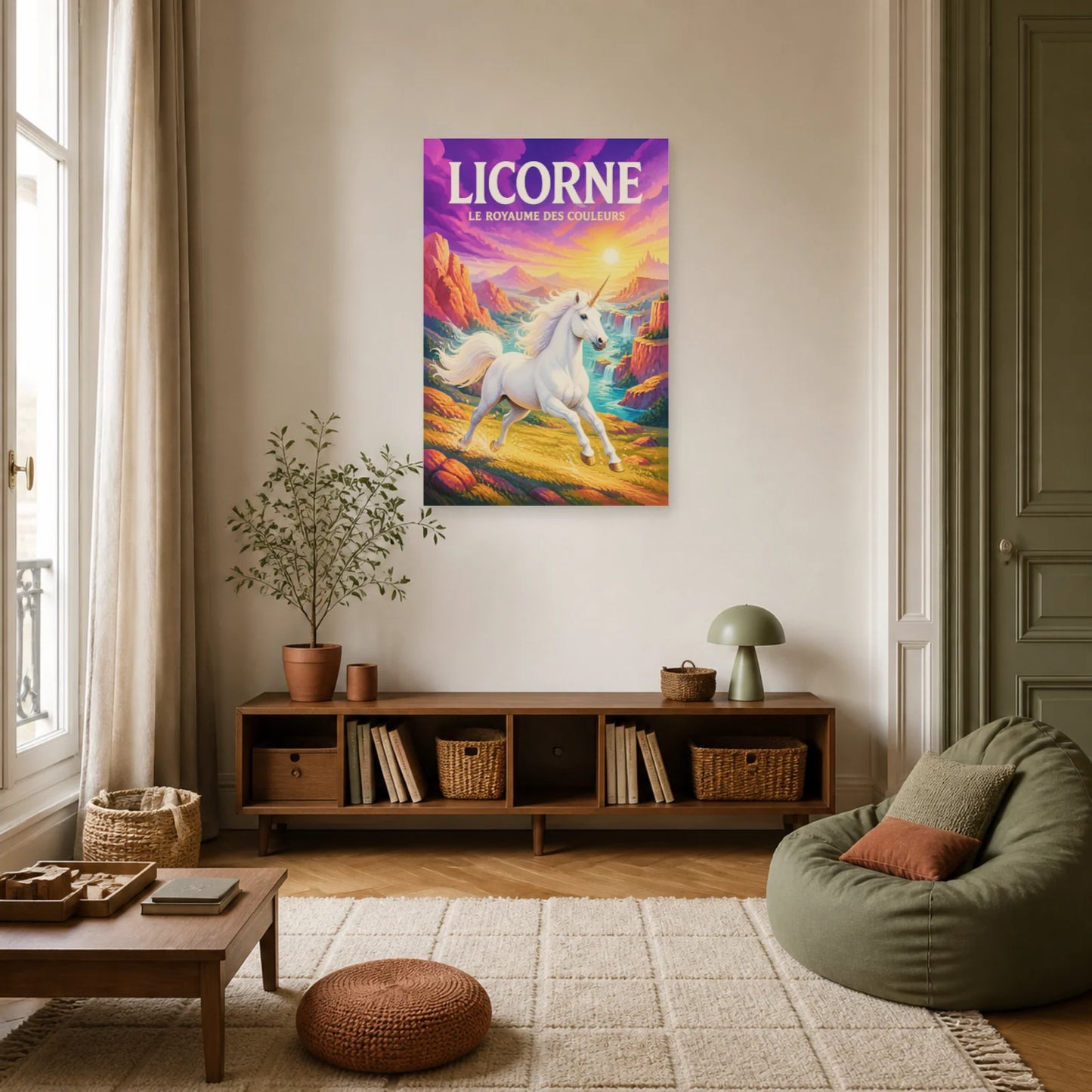 Affiche Licorne – Le Royaume des Couleurs dans un salon - Art Virtuoso