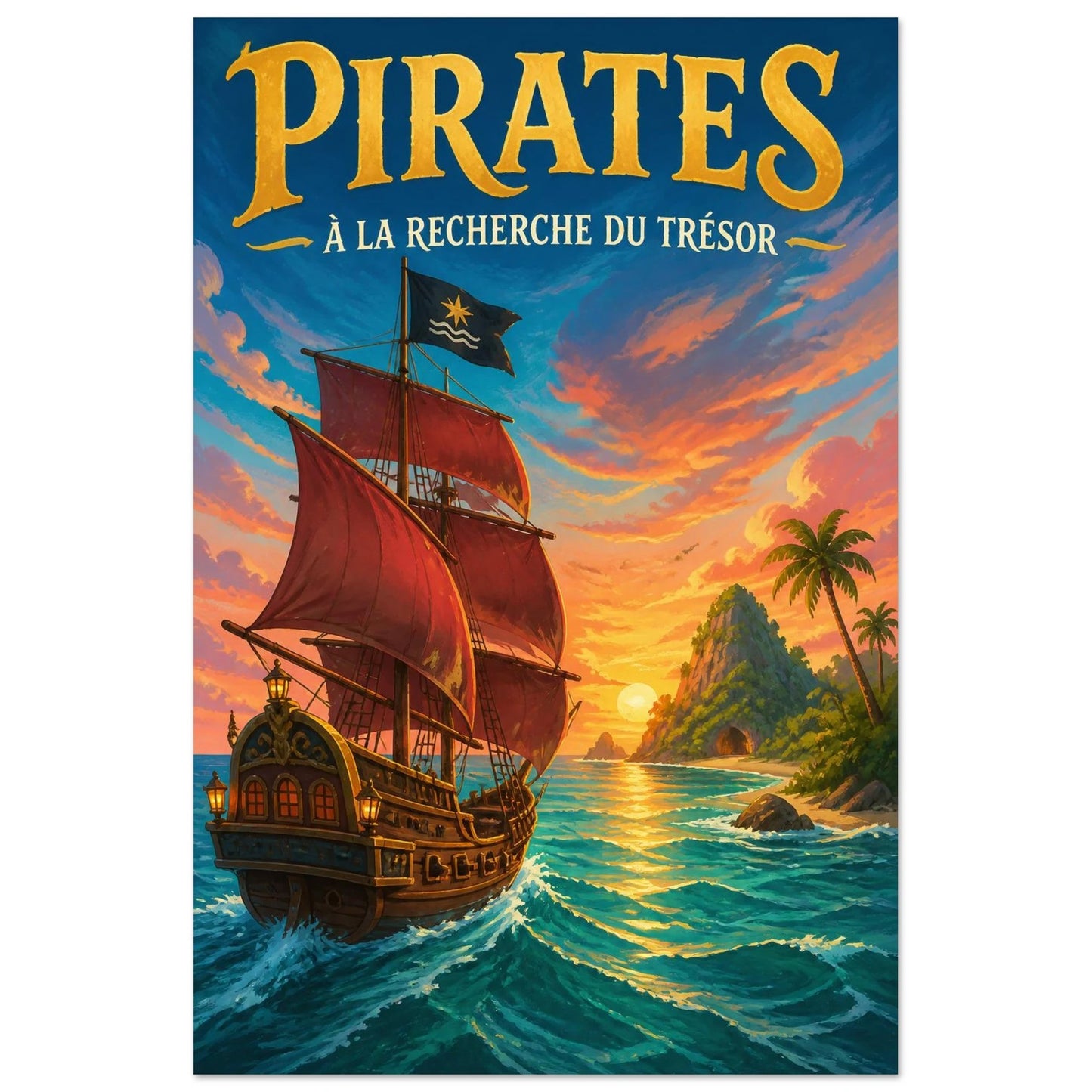 Affiche Pirates – À la Recherche du Trésor, gouache contemporaine verticale, format 30 × 45 cm