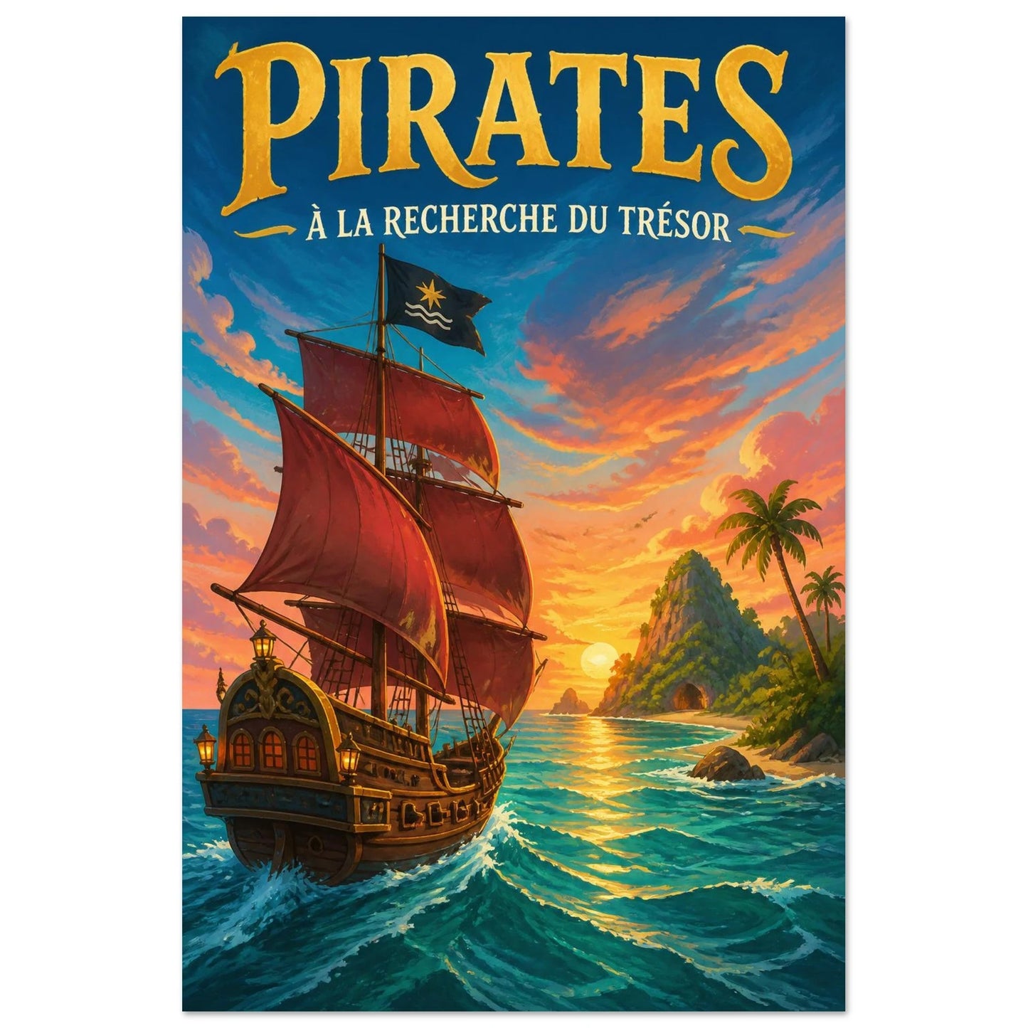Affiche Pirates – À la Recherche du Trésor, gouache contemporaine verticale, format 40 × 60 cm