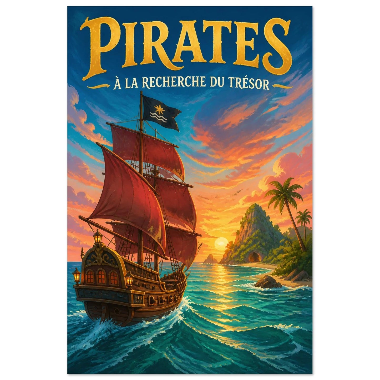 Affiche Pirates – À la Recherche du Trésor, gouache contemporaine verticale, format 60 × 90 cm