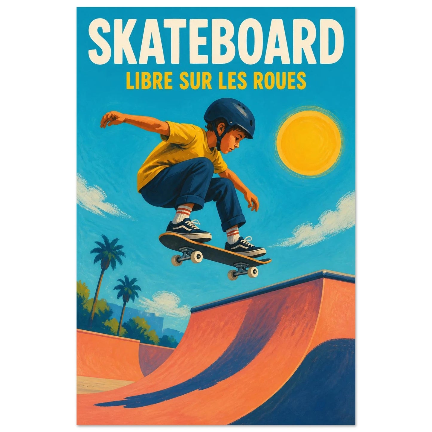 Affiche Skateboard – Libre sur les Roues, gouache contemporaine verticale, format 60 × 90 cm