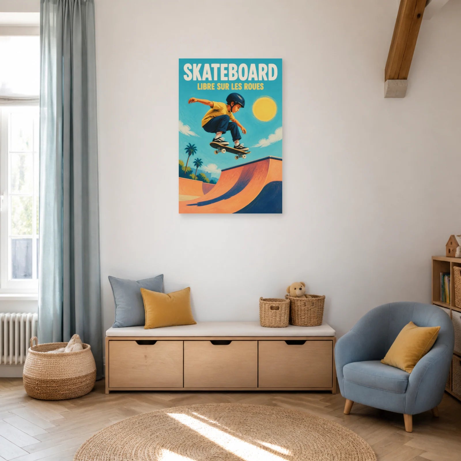 Affiche Skateboard – Libre sur les Roues dans un salon - Art Virtuoso