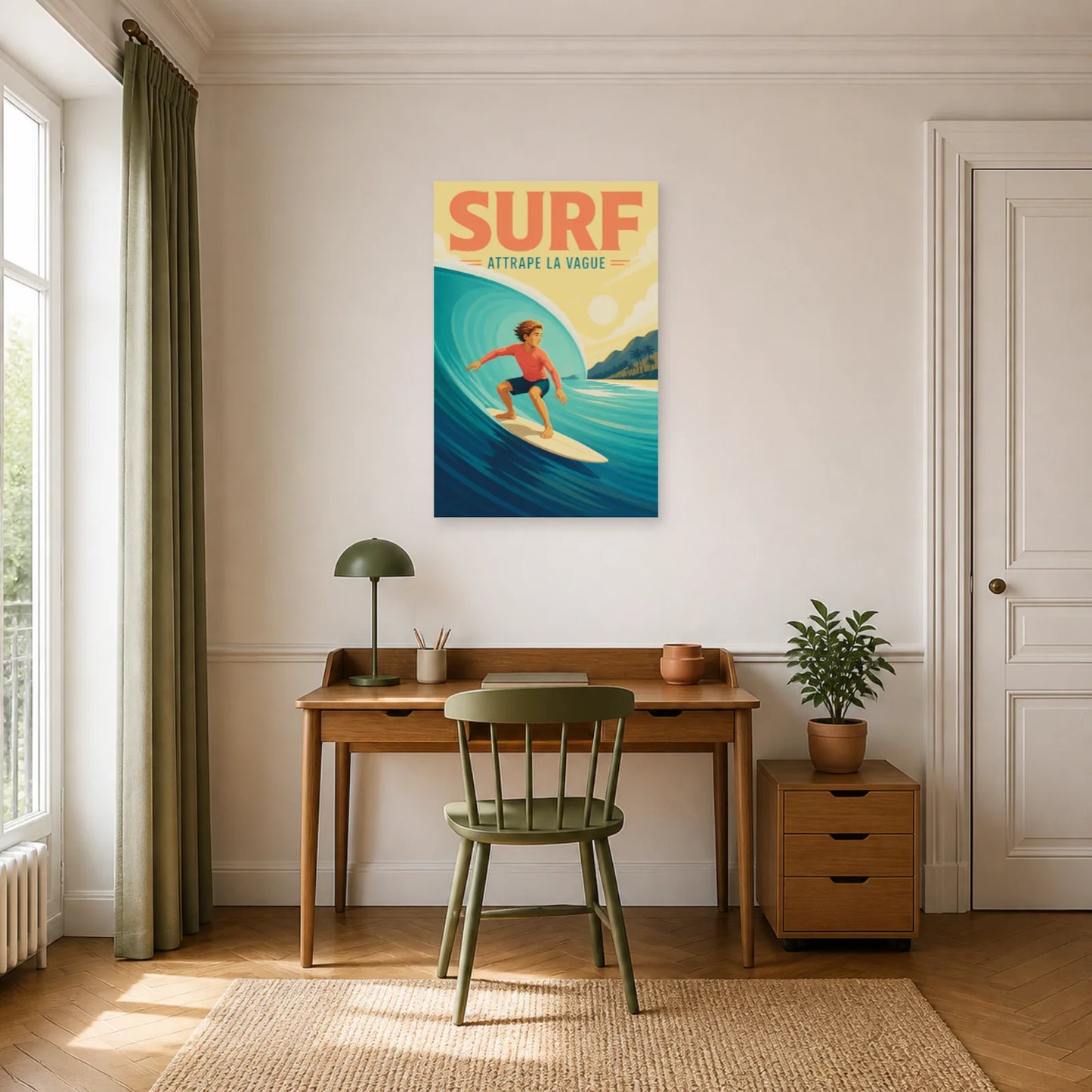 Affiche Surf – Attrape la Vague dans un bureau - Art Virtuoso