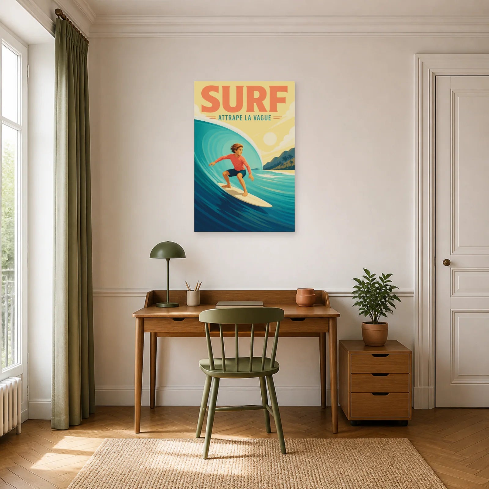 Affiche Surf – Attrape la Vague dans un bureau - Art Virtuoso