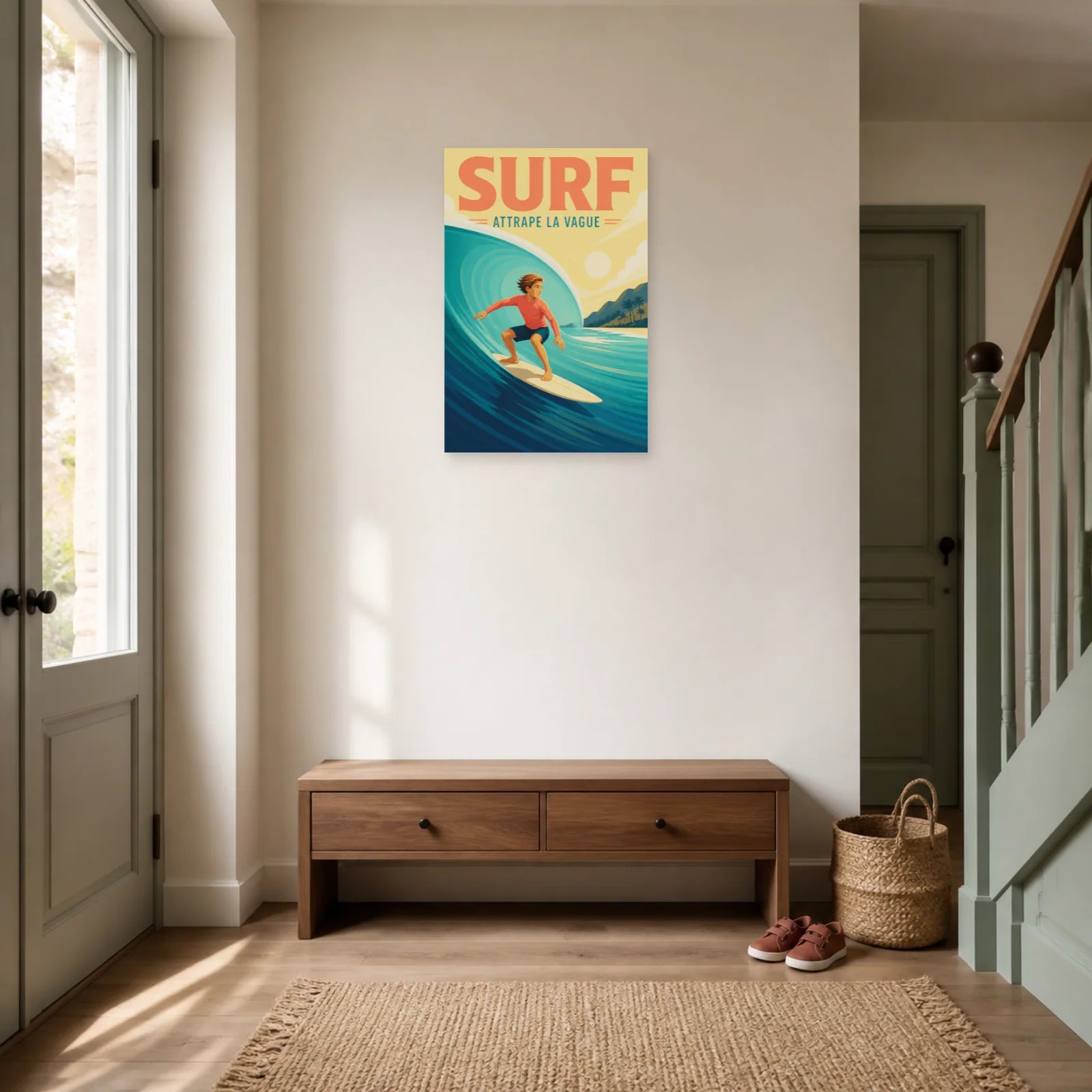Affiche Surf – Attrape la Vague dans une entrée ou un couloir - Art Virtuoso