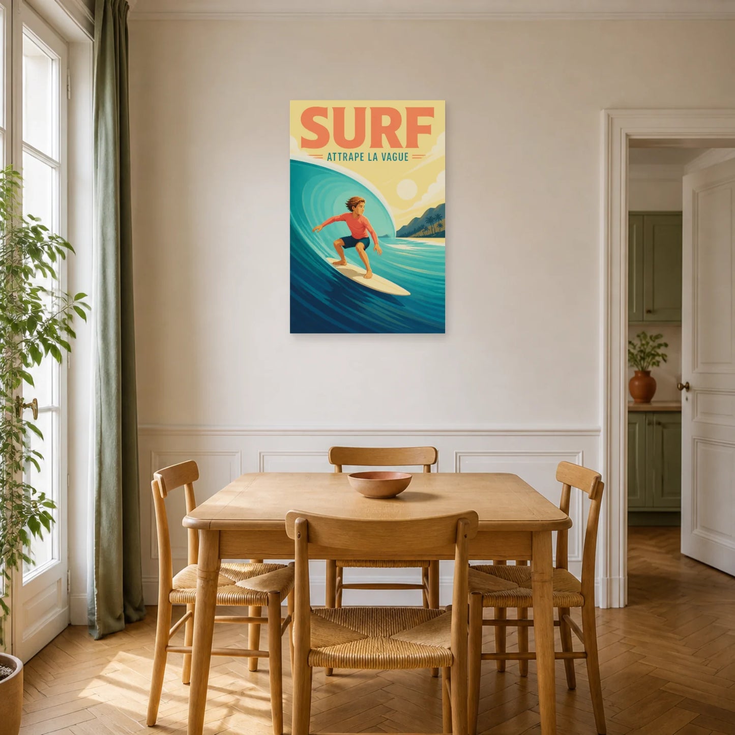 Affiche Surf – Attrape la Vague dans une salle à manger - Art Virtuoso