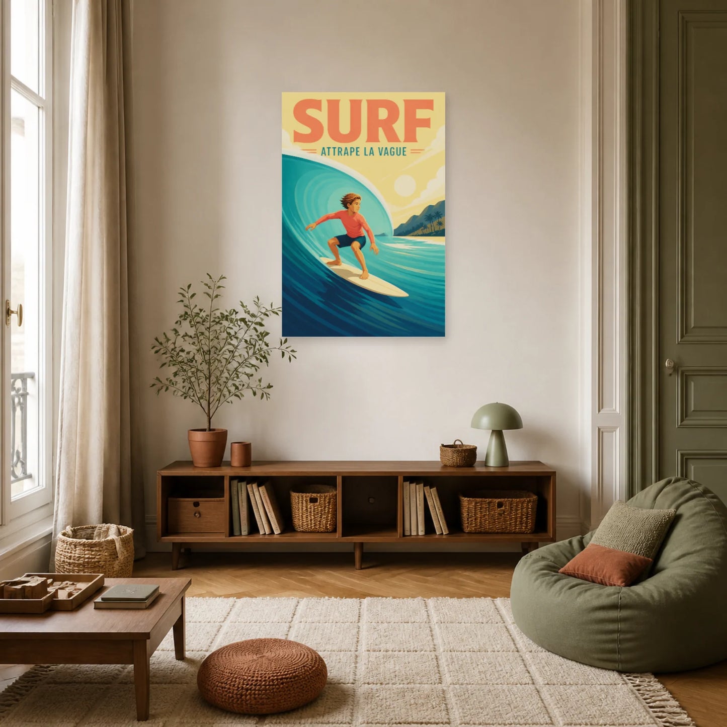 Affiche Surf – Attrape la Vague dans un salon - Art Virtuoso