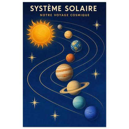 Affiche Système Solaire – Notre Voyage Cosmique, gouache contemporaine verticale, format 30 × 45 cm
