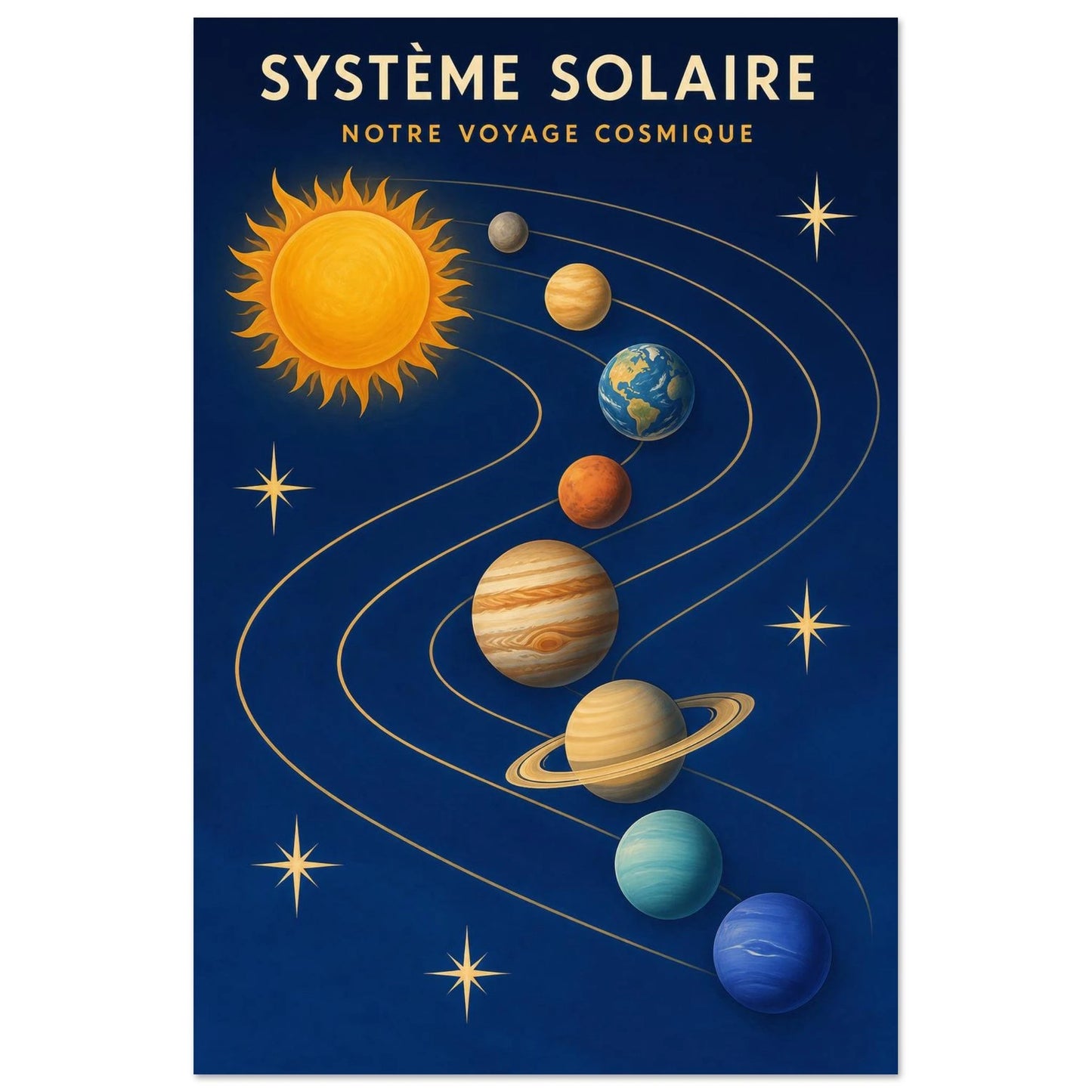 Affiche Système Solaire – Notre Voyage Cosmique, gouache contemporaine verticale, format 60 × 90 cm
