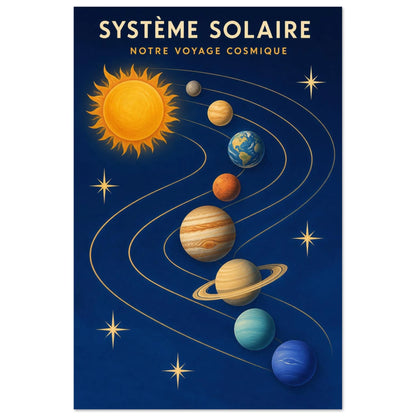 Affiche Système Solaire – Notre Voyage Cosmique, gouache contemporaine verticale, format 60 × 90 cm