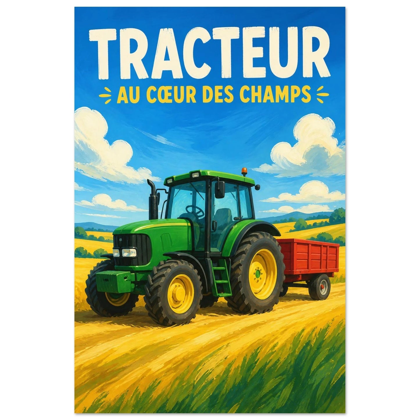 Affiche Tracteur – Au Cœur des Champs, gouache contemporaine verticale, format 60 × 90 cm