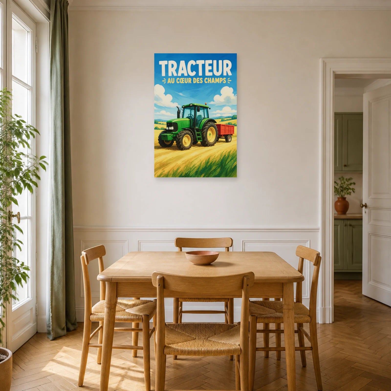 Affiche Tracteur – Au Cœur des Champs dans une salle à manger - Art Virtuoso