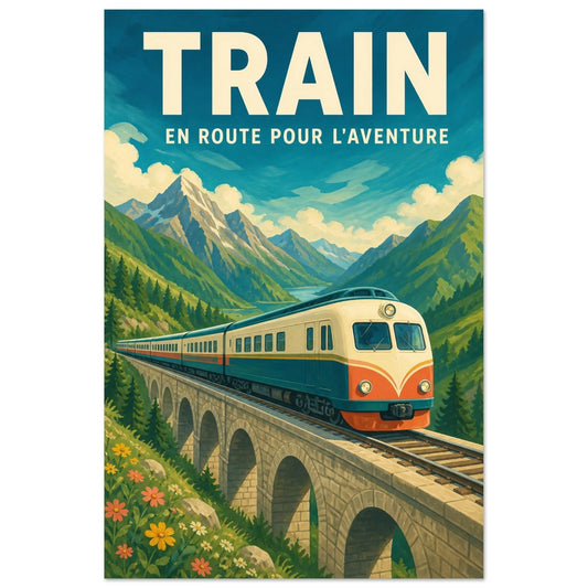Affiche Train – En Route Pour l'Aventure, gouache contemporaine verticale, format 30 × 45 cm