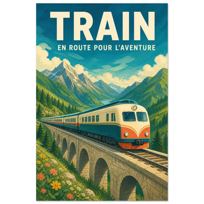 Affiche Train – En Route Pour l'Aventure, gouache contemporaine verticale, format 40 × 60 cm