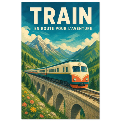 Affiche Train – En Route Pour l'Aventure, gouache contemporaine verticale, format 60 × 90 cm