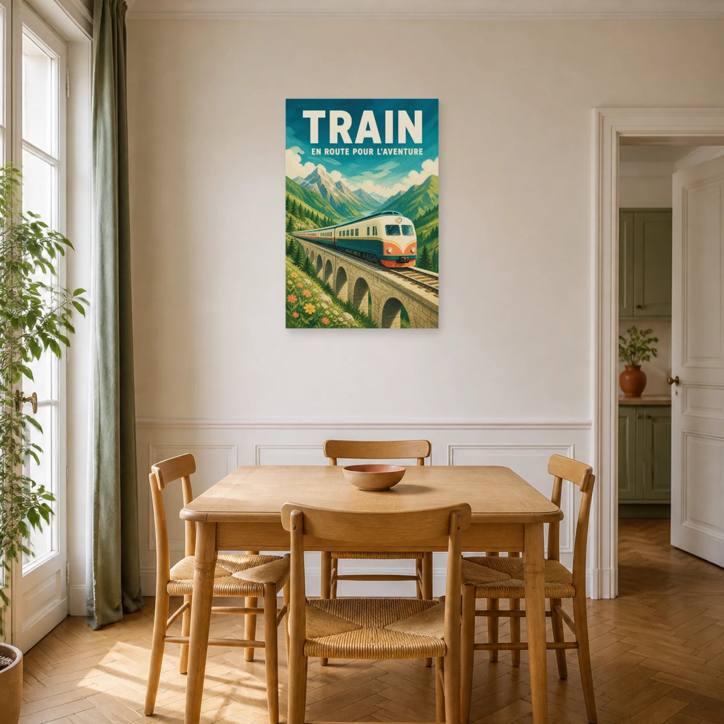 Affiche Train – En Route Pour l'Aventure dans une salle à manger - Art Virtuoso