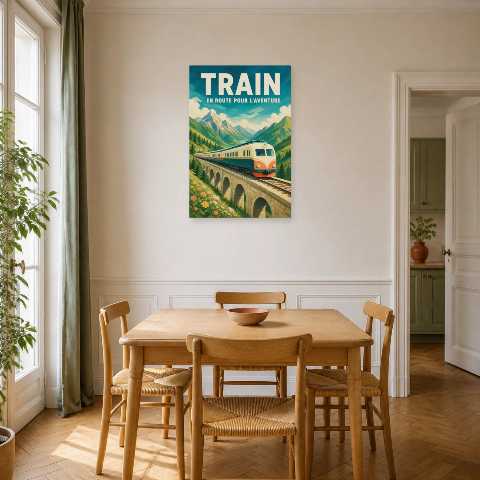 Affiche Train – En Route Pour l'Aventure dans une salle à manger - Art Virtuoso