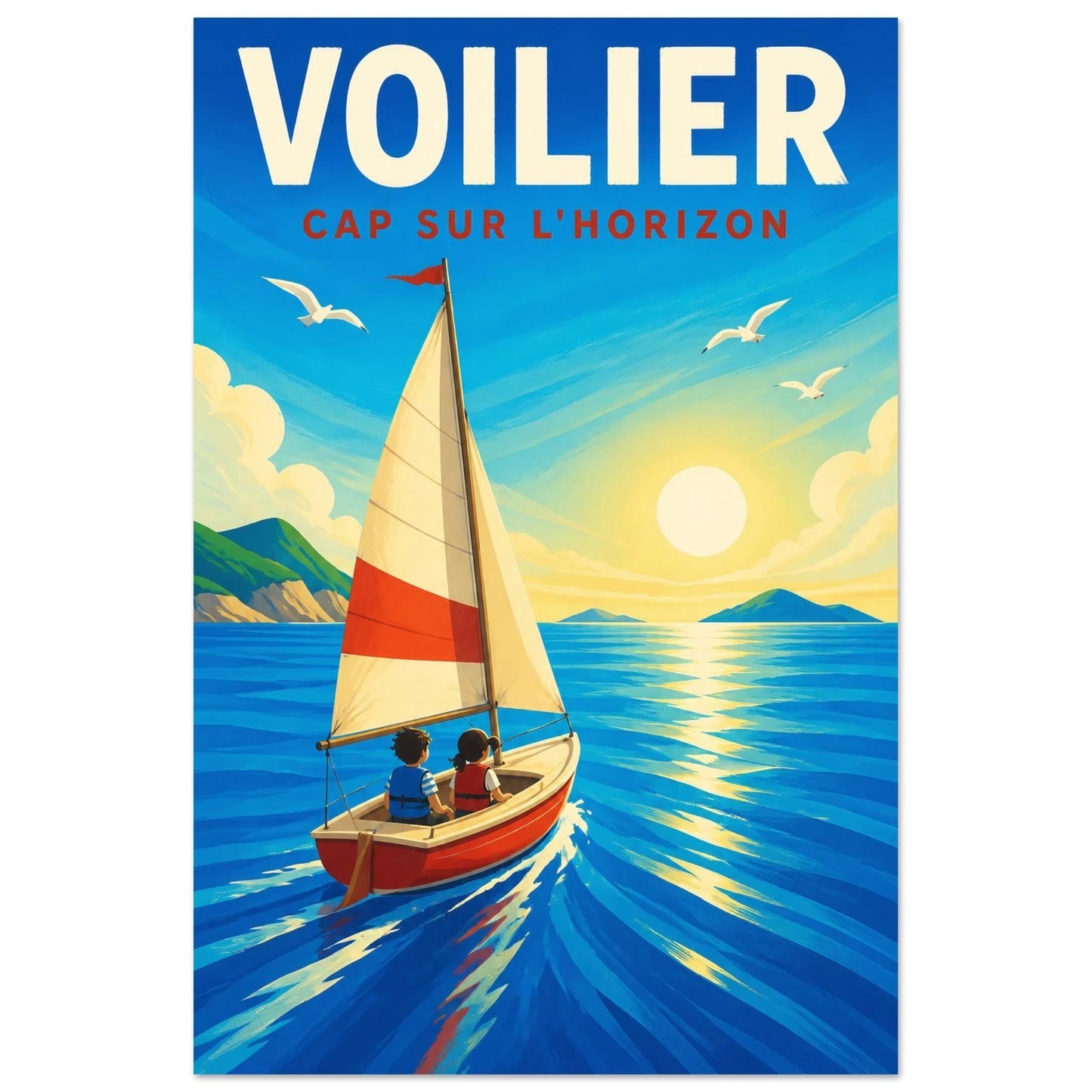 Affiche Voilier – Cap sur l'Horizon, gouache contemporaine verticale, format 40 × 60 cm
