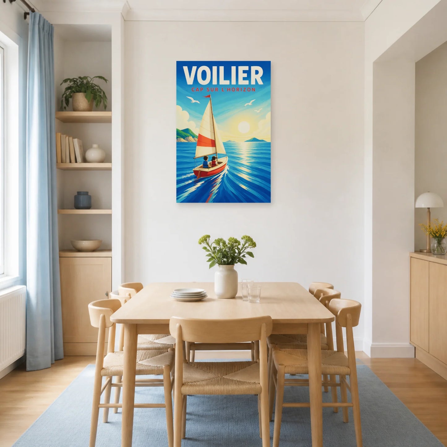Affiche Voilier – Cap sur l'Horizon dans une salle à manger - Art Virtuoso