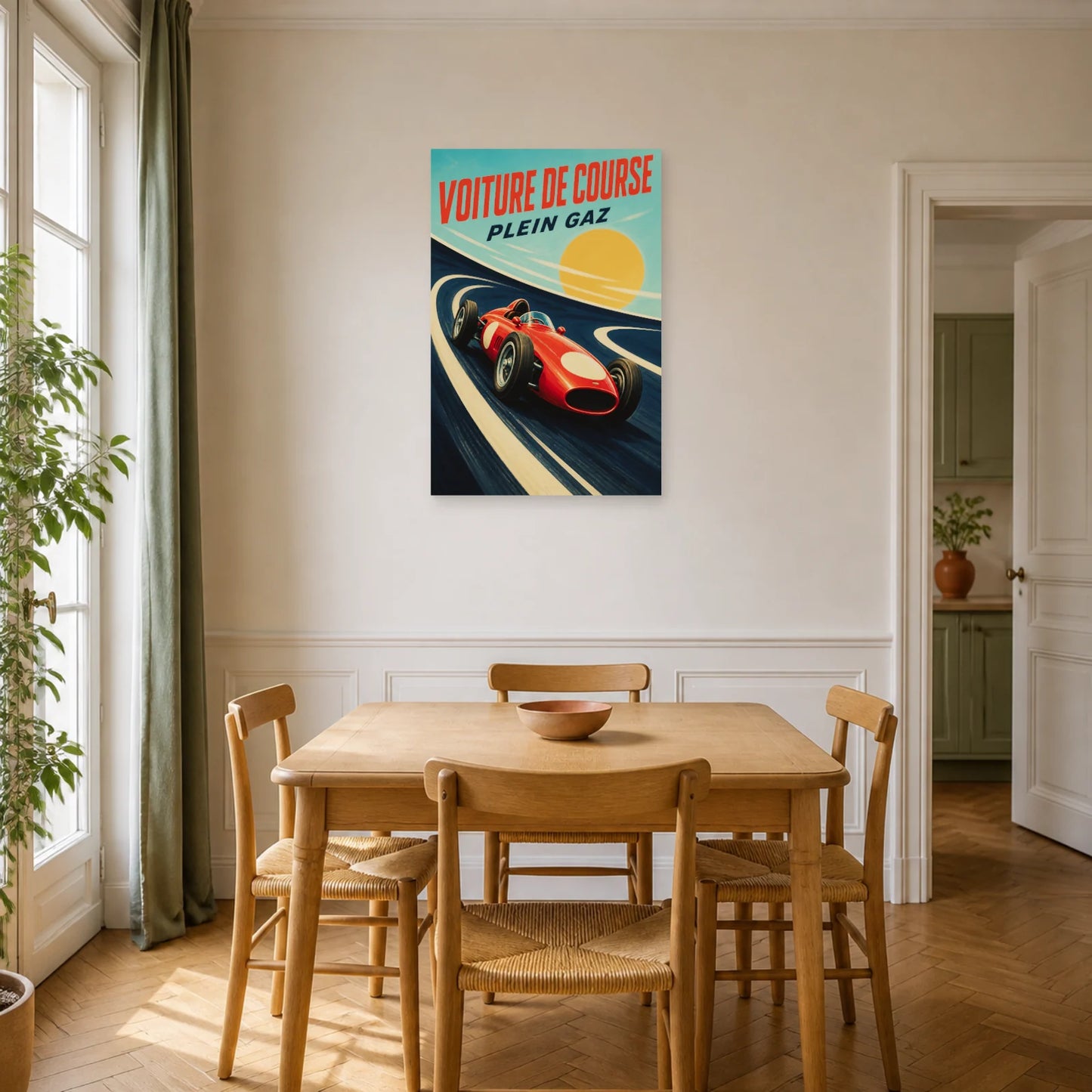 Affiche Voiture de Course – Plein Gaz dans une salle à manger - Art Virtuoso