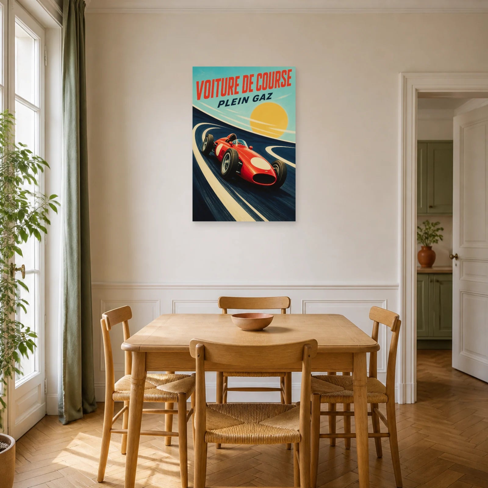 Affiche Voiture de Course – Plein Gaz dans une salle à manger - Art Virtuoso