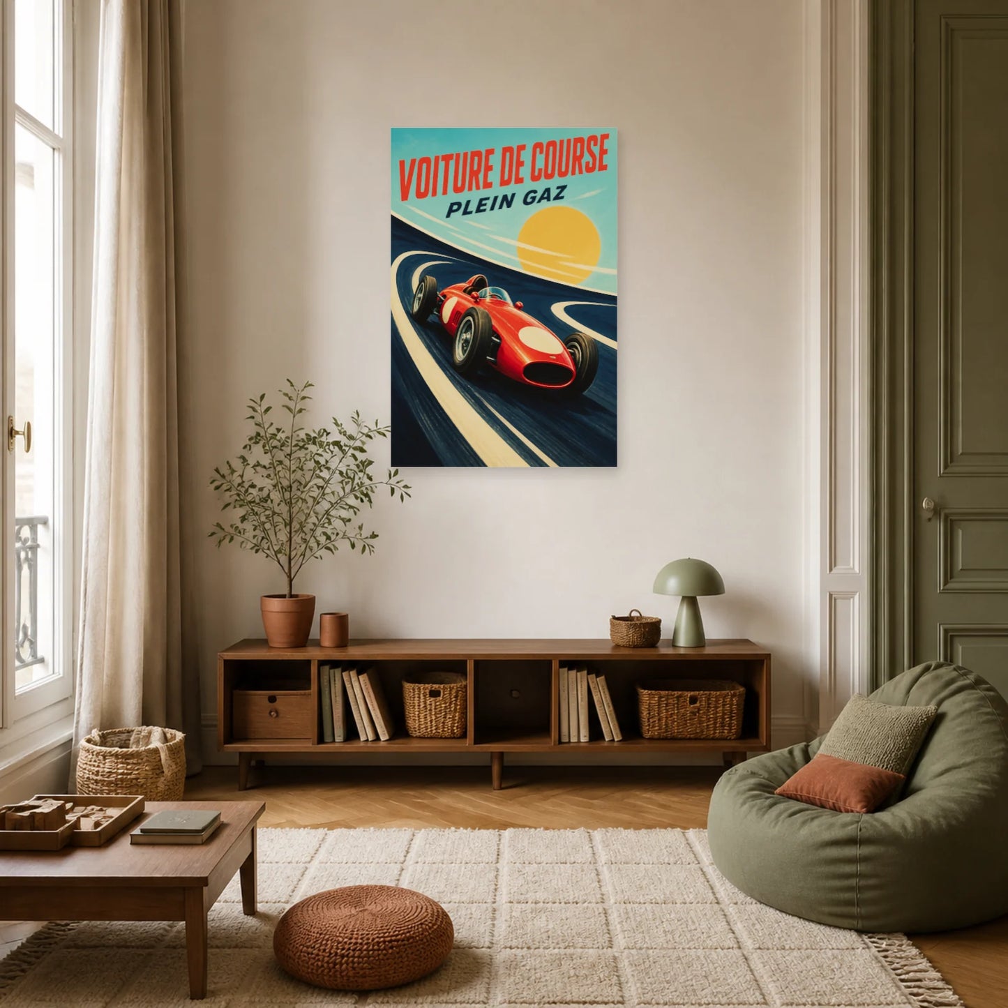 Affiche Voiture de Course – Plein Gaz dans un salon - Art Virtuoso