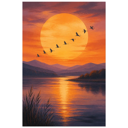 Affiche Envol au coucher du soleil, paysage de coucher de soleil en gouache aux dégradés sérigraphiques verticale, format 60 × 90 cm