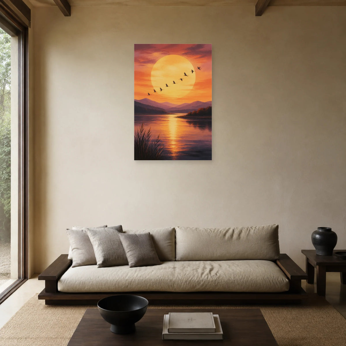 Affiche Envol au coucher du soleil dans un salon - Art Virtuoso