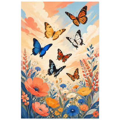 Affiche Envolée de papillons – Jardin contemporain, illustration éditoriale / botanique contemporaine verticale, format 30 × 45 cm