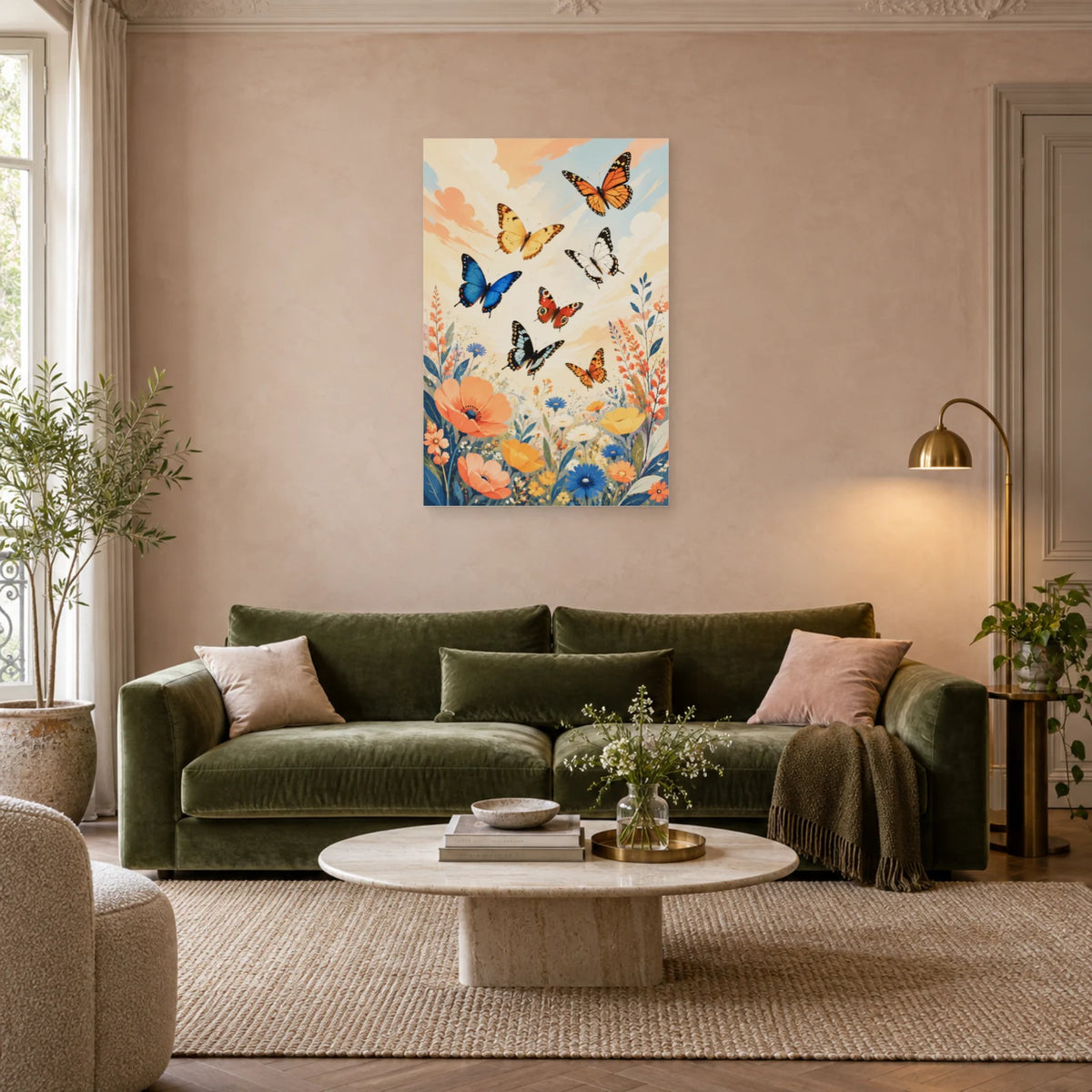 Affiche Envolée de papillons – Jardin contemporain dans un salon - Art Virtuoso