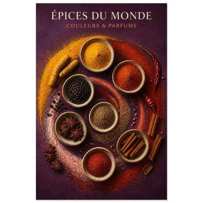 Affiche Épices du Monde – Couleurs & Parfums, illustration éditoriale verticale, format 30 × 45 cm