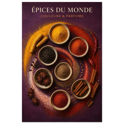 Affiche Épices du Monde – Couleurs & Parfums, illustration éditoriale verticale, format 40 × 60 cm