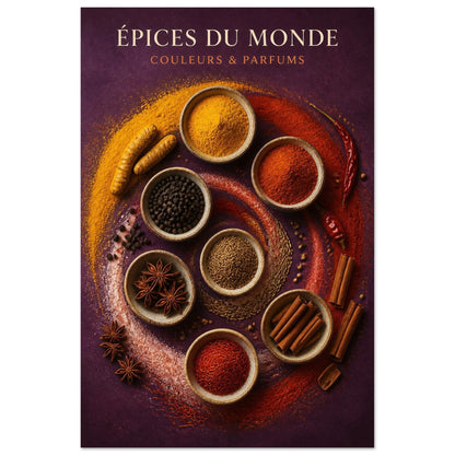 Affiche Épices du Monde – Couleurs & Parfums, illustration éditoriale verticale, format 60 × 90 cm