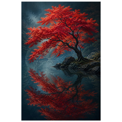 Affiche Érable japonais – Reflet rouge, peinture japonaise contemporaine / paysage botanique verticale, format 40 × 60 cm