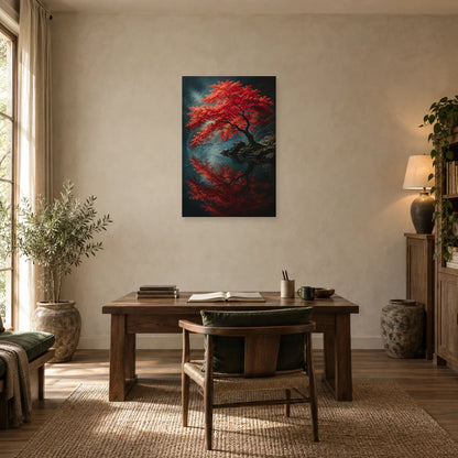 Affiche Érable japonais – Reflet rouge dans un bureau - Art Virtuoso