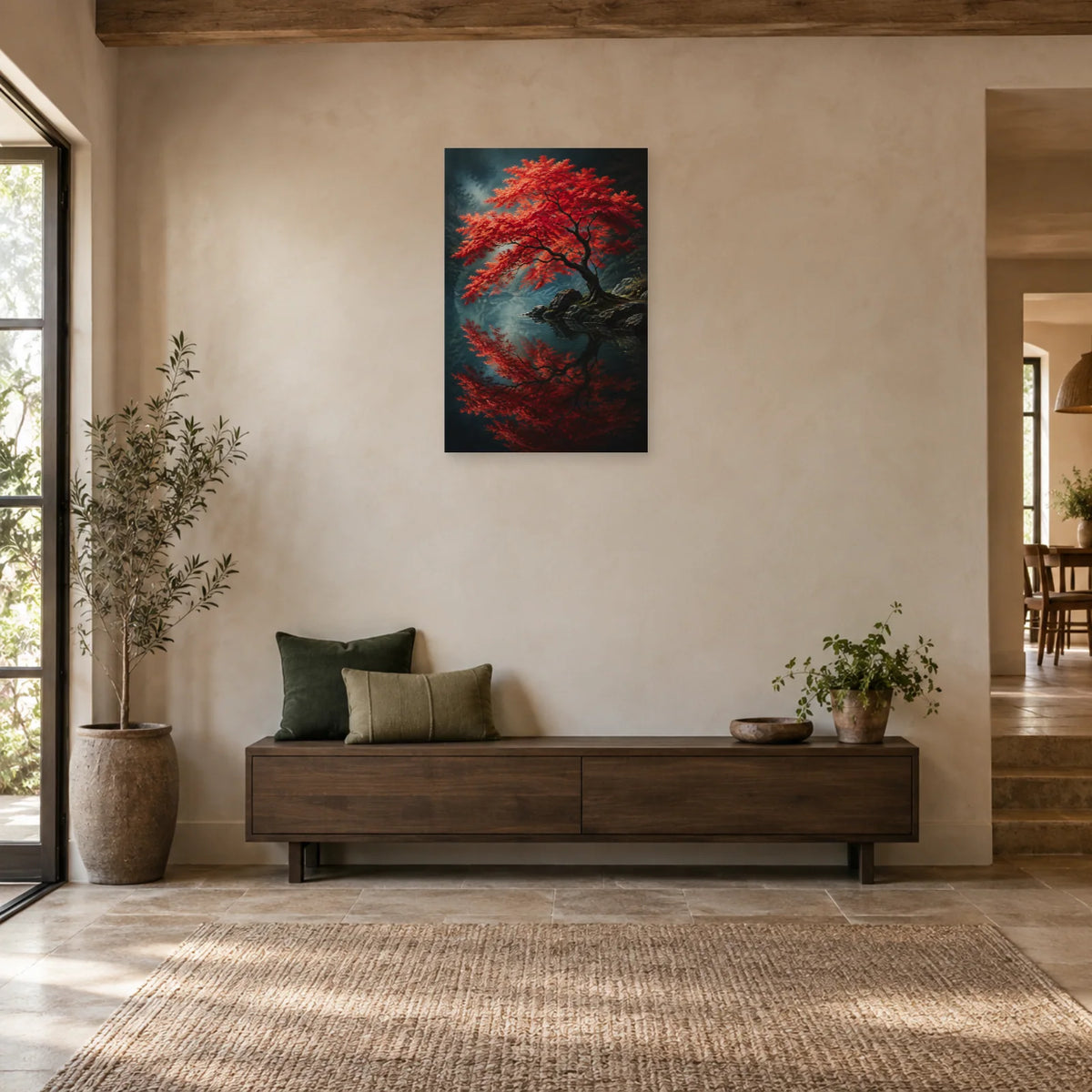 Affiche Érable japonais – Reflet rouge dans une entrée ou un couloir - Art Virtuoso