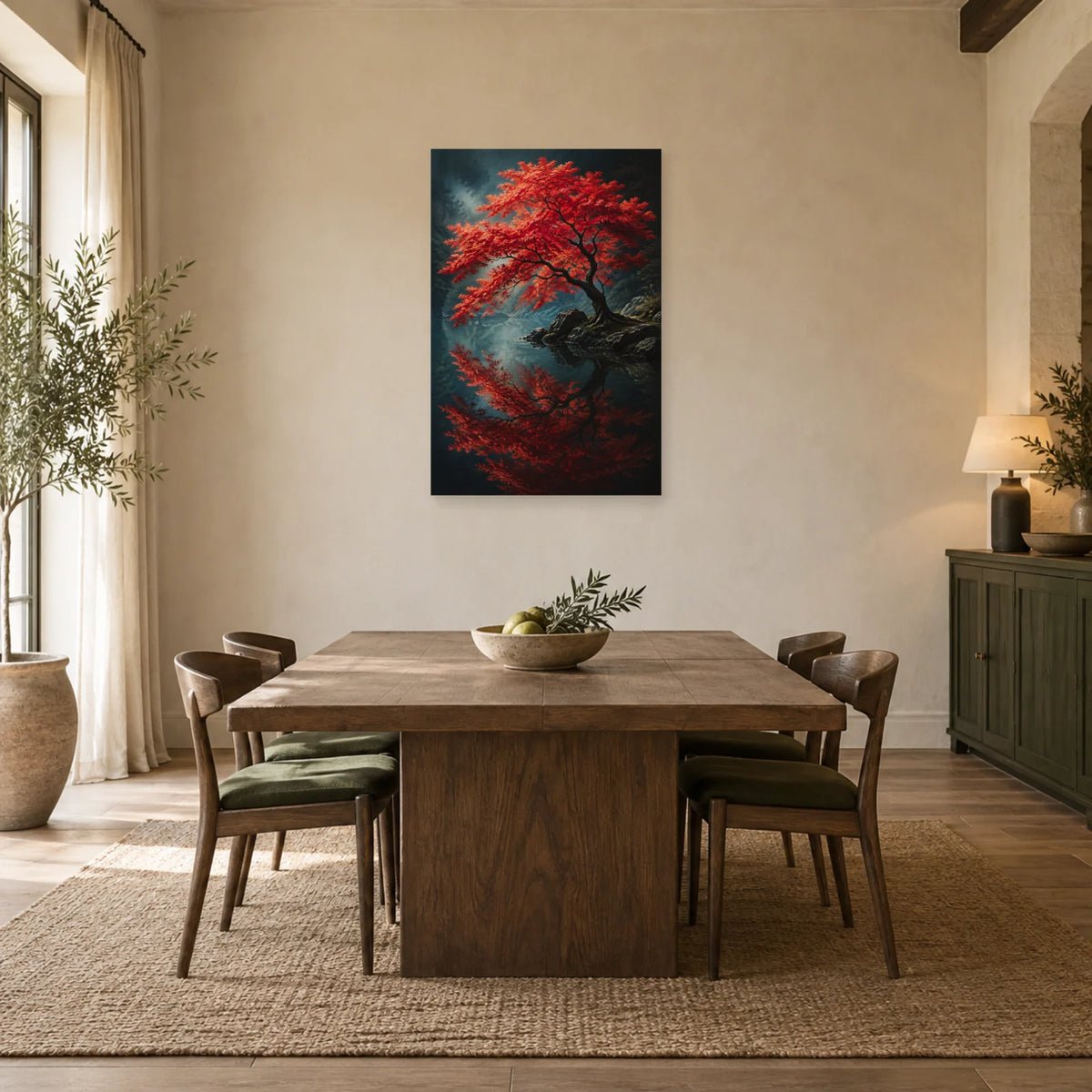 Affiche Érable japonais – Reflet rouge dans une salle à manger - Art Virtuoso