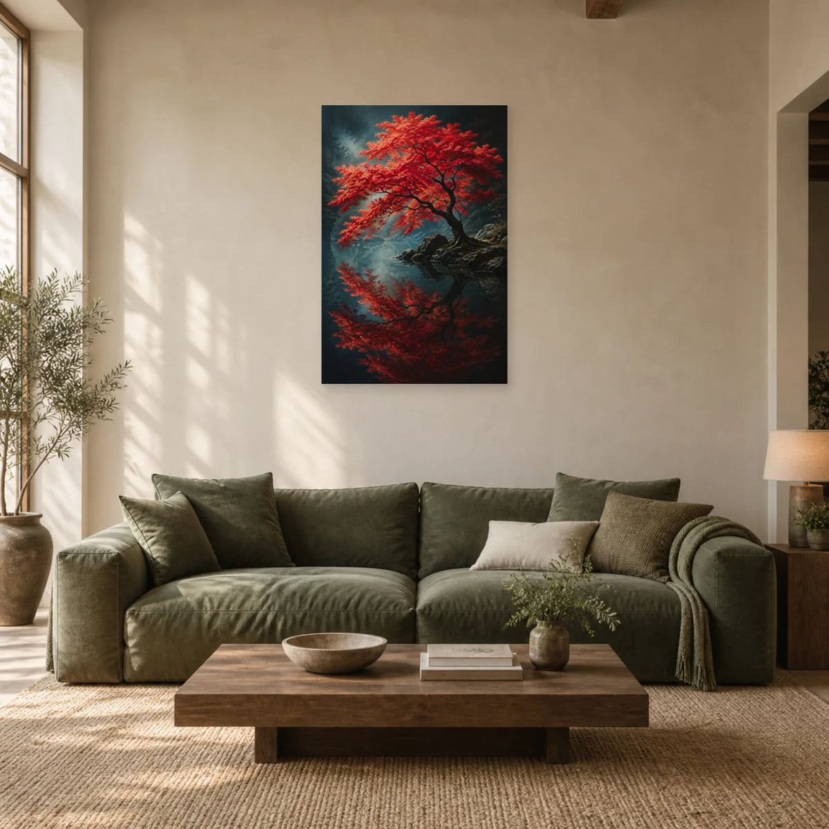 Affiche Érable japonais – Reflet rouge dans un salon - Art Virtuoso