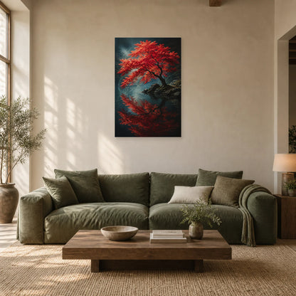 Affiche Érable japonais – Reflet rouge dans un salon - Art Virtuoso