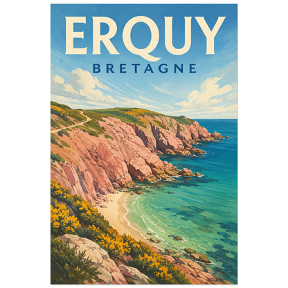 Falaises roses au-dessus d'une petite crique d'Erquy, affiche 30 × 45 cm