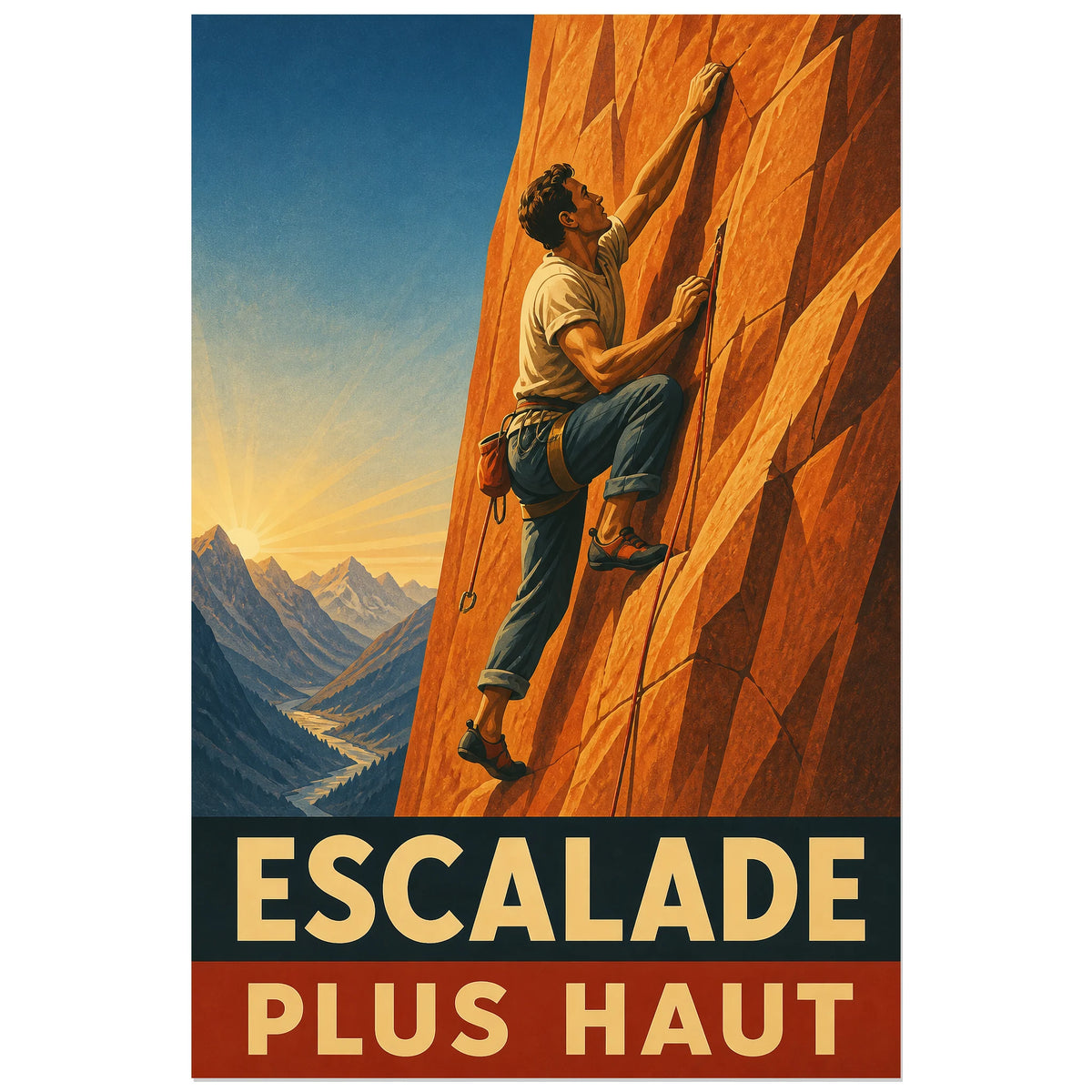 Ascension illustrée sur falaise orange au-dessus des montagnes, affiche 60 × 90 cm