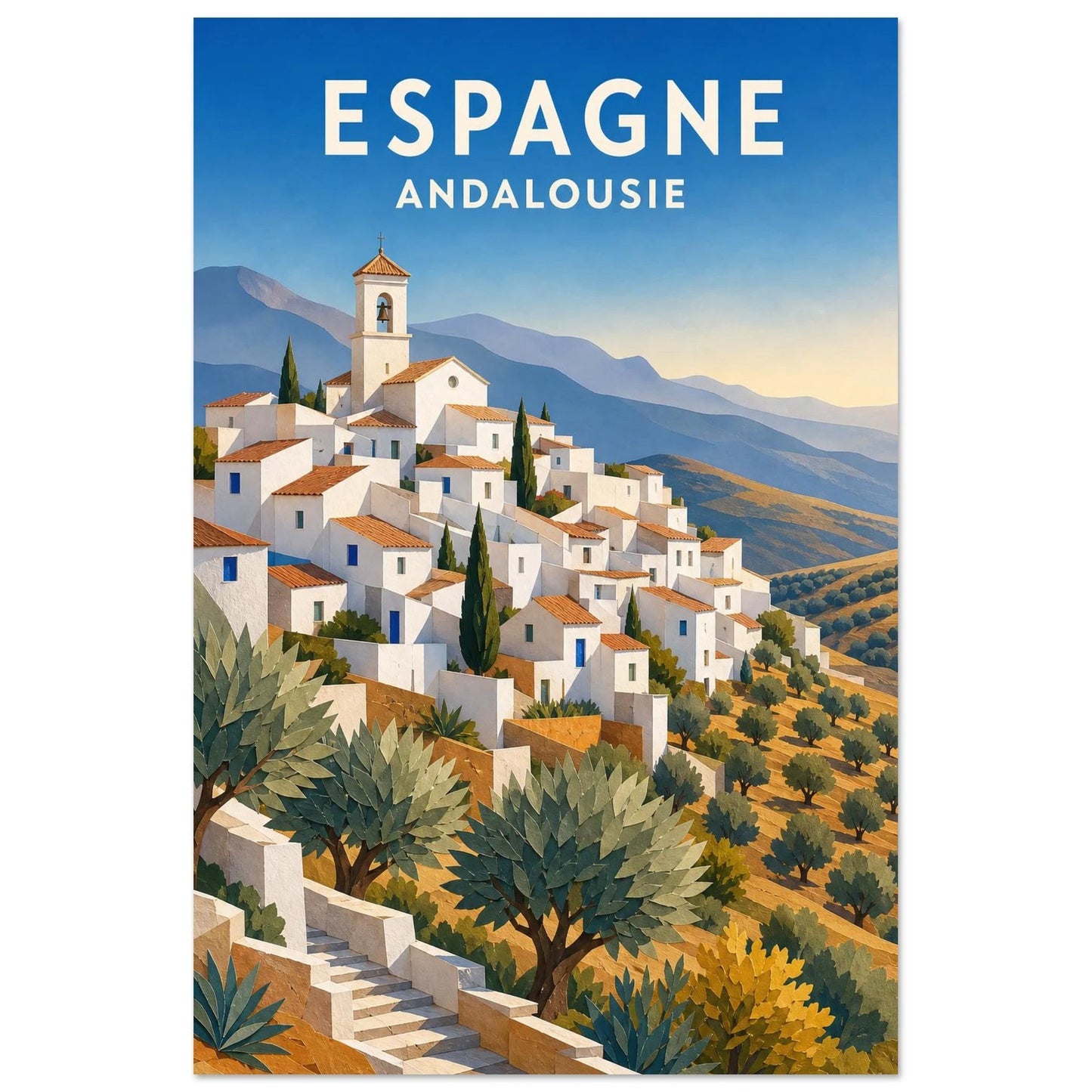 Affiche Espagne – Andalousie, gouache de voyage aux volumes découpés et à l'esthétique moderniste verticale, format 30 × 45 cm