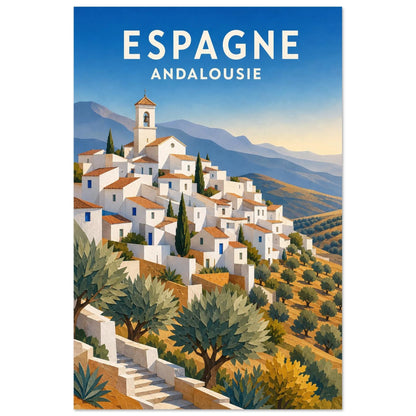 Affiche Espagne – Andalousie, gouache de voyage aux volumes découpés et à l'esthétique moderniste verticale, format 30 × 45 cm