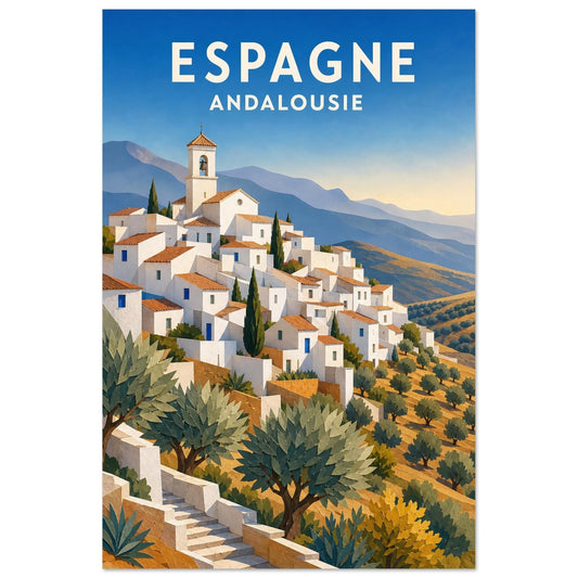 Affiche Espagne – Andalousie, gouache de voyage aux volumes découpés et à l'esthétique moderniste verticale, format 30 × 45 cm